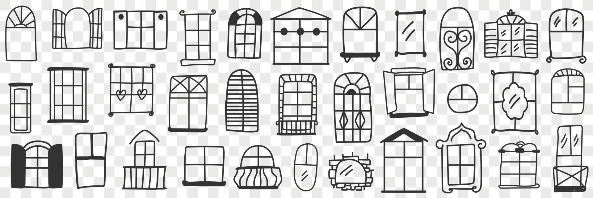 ventanas y marcos garabatear colocar. colección de mano dibujado varios formas y formas de ventanas para edificios con cerrado o abierto persianas aislado en transparente antecedentes vector