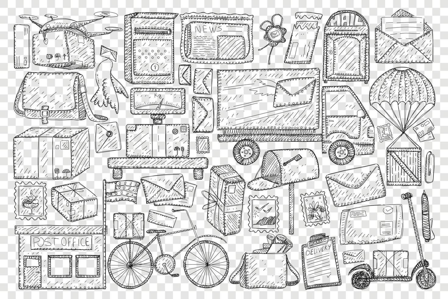 Post office and sending letters doodle set. Collection of hand drawn post office and box truck for delivering post bicycle for postman bag dove with letter scooter isolated on transparent background vector