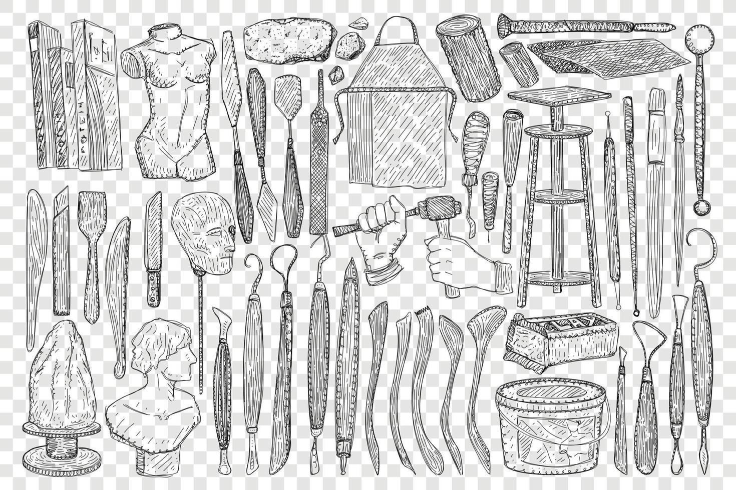 Tools for sculpture doodle set. Collection of hand drawn equipment stone scapula stools and hammers for making handmade sculpture isolated on transparent background vector