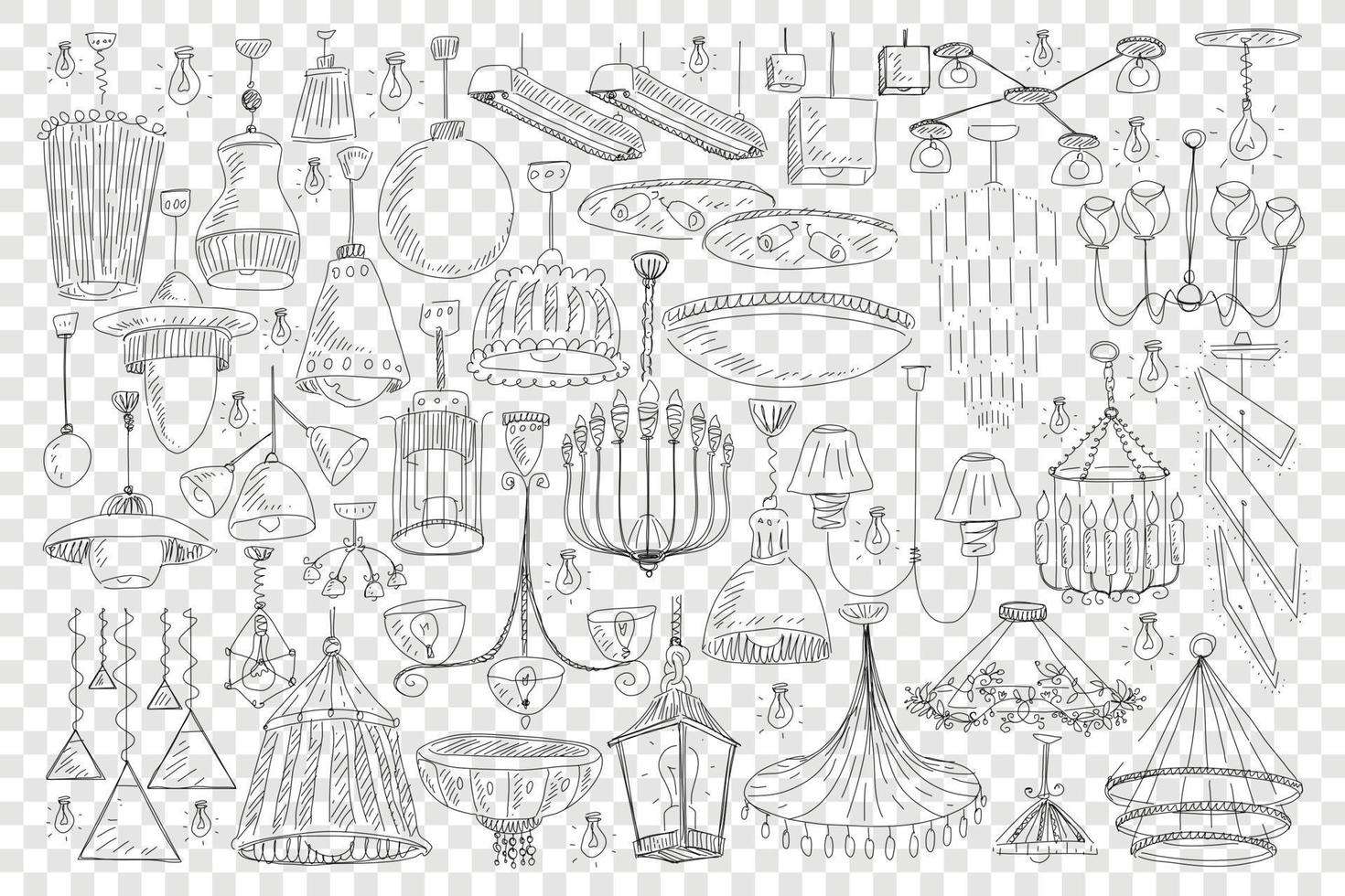 Chandeliers for home decoration doodle set. Collection of hand drawn elegant chandeliers light equipment for decorating home of various sizes and shapes isolated on transparent background vector