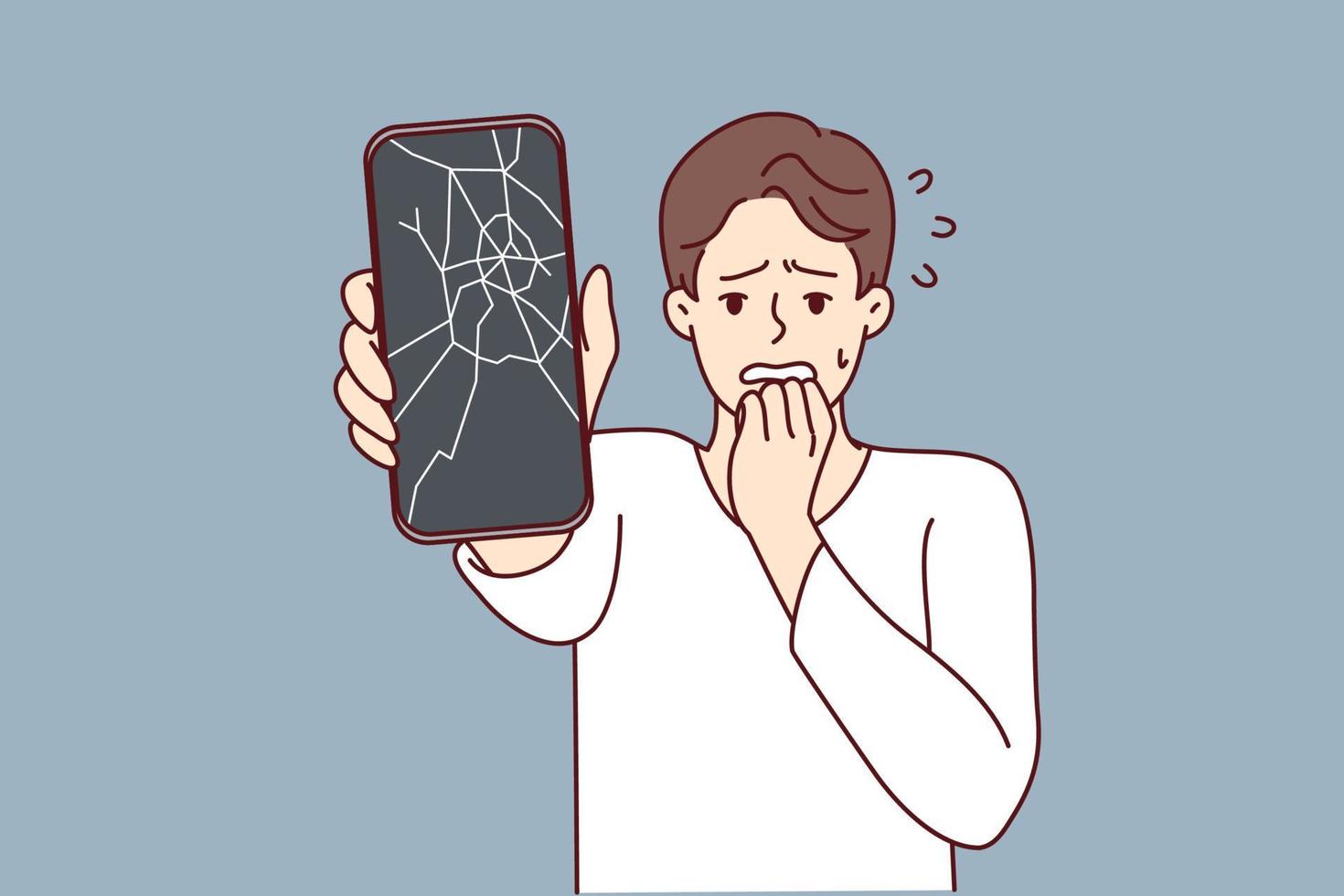 Man reacts emotionally to broken phone by bringing hand to mouth and experiencing shock due to breakdown. Guy with broken smartphone needs to replace display matrix by service center employees vector