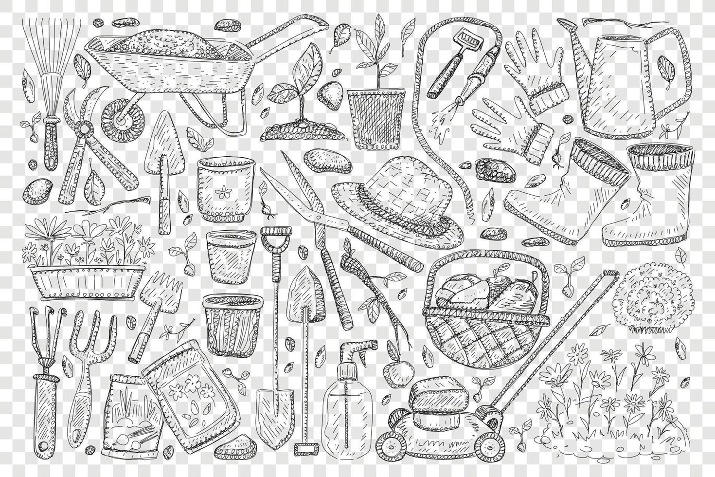 Farmers tools for gardening doodle set. Collection of hand drawn shovel basket hats and boots scissors watering can rake for taking care of plants in garden isolated on transparent background vector