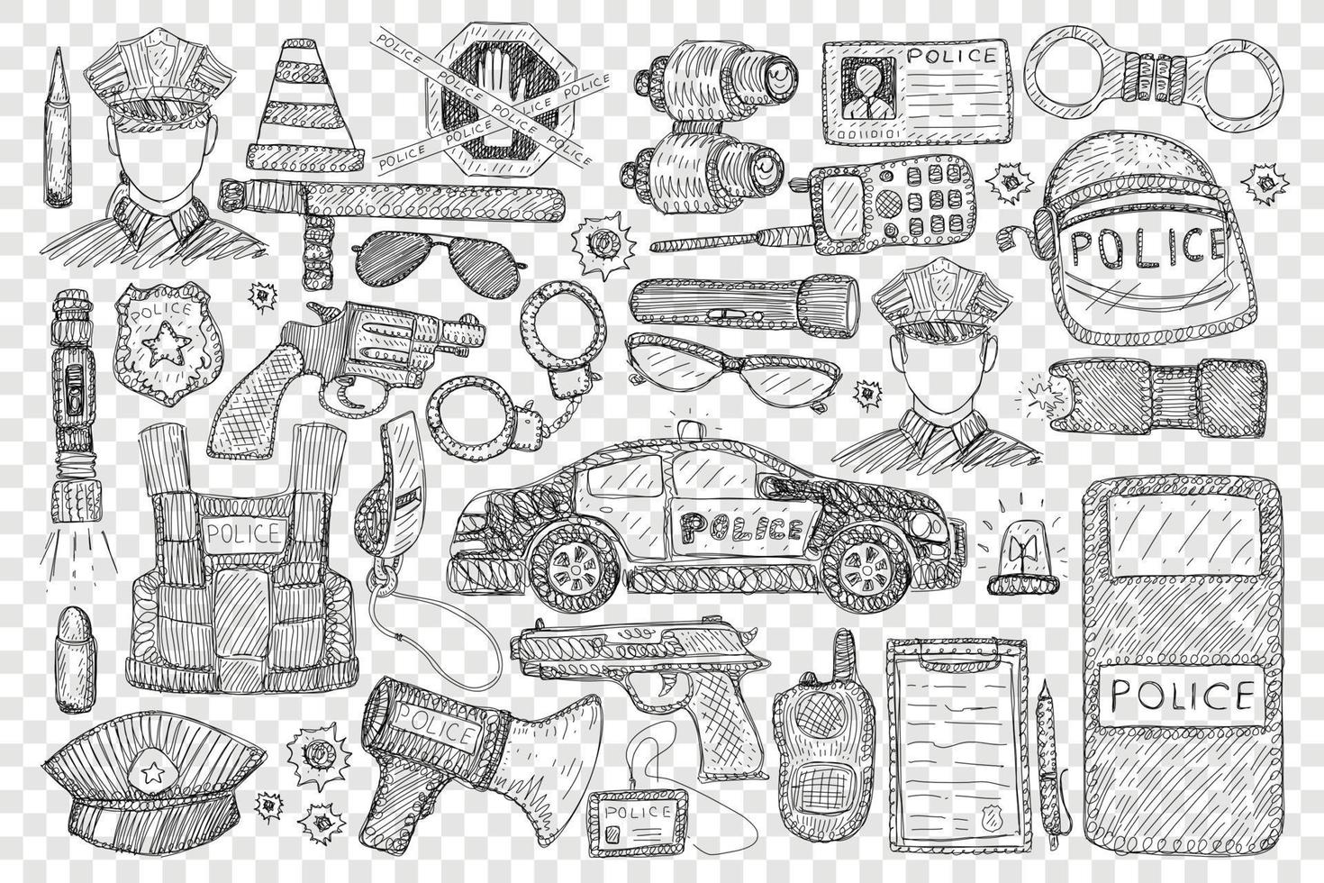 Police tools and uniform doodle set. Collection of hand drawn police office, car gun speaker uniform hat radio handcuffs speaker lantern binoculars bulletproof vest isolated on transparent background vector
