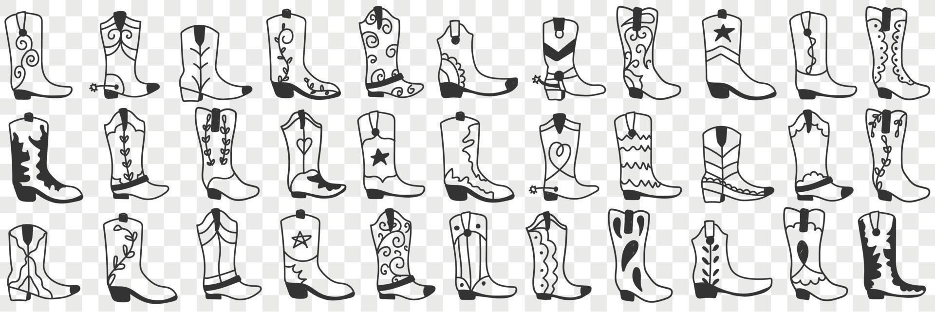 Various cowboy boots doodle set. Collection of hand drawn various high boots in cowboy style for wearing in rows isolated on transparent background vector