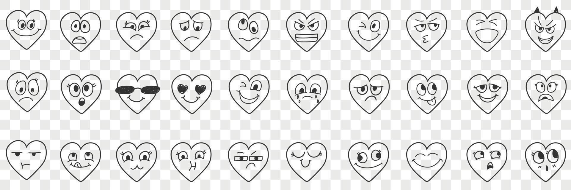 Heart facial expressions doodle set. Collection of hand drawn various happy and sad expressions on hearts face in rows isolated on transparent background vector