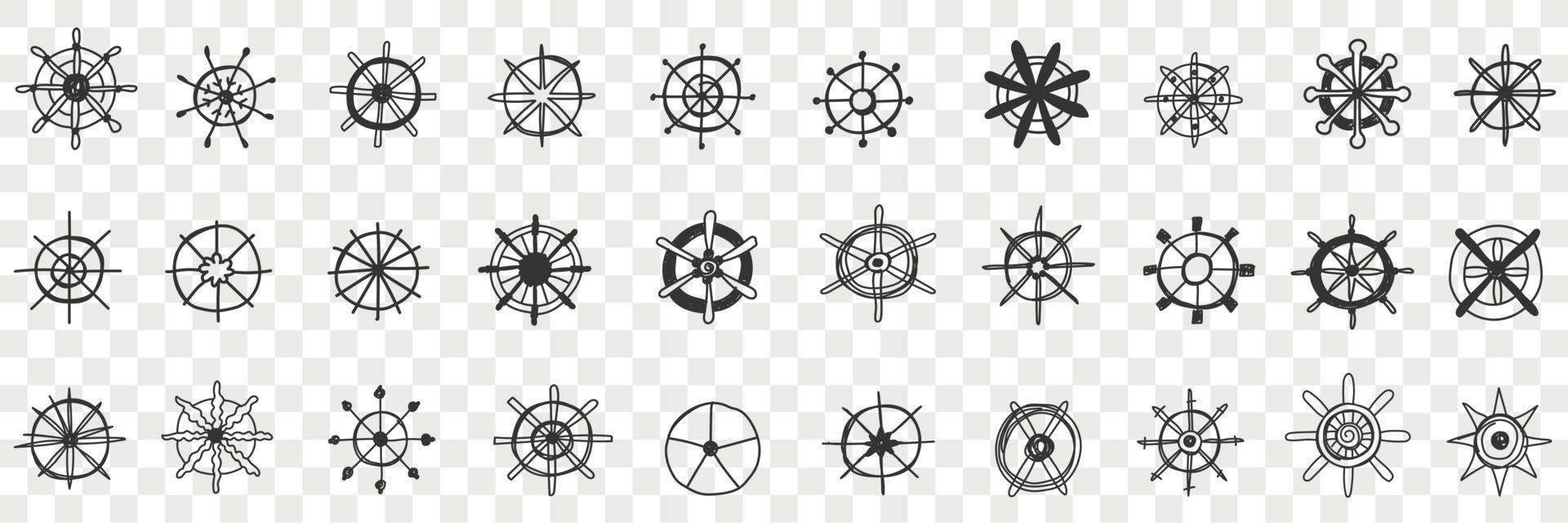 Steering wheel assortment doodle set. Collection of hand drawn various styles of circle steerings wheels on ships boats transport isolated on transparent background vector