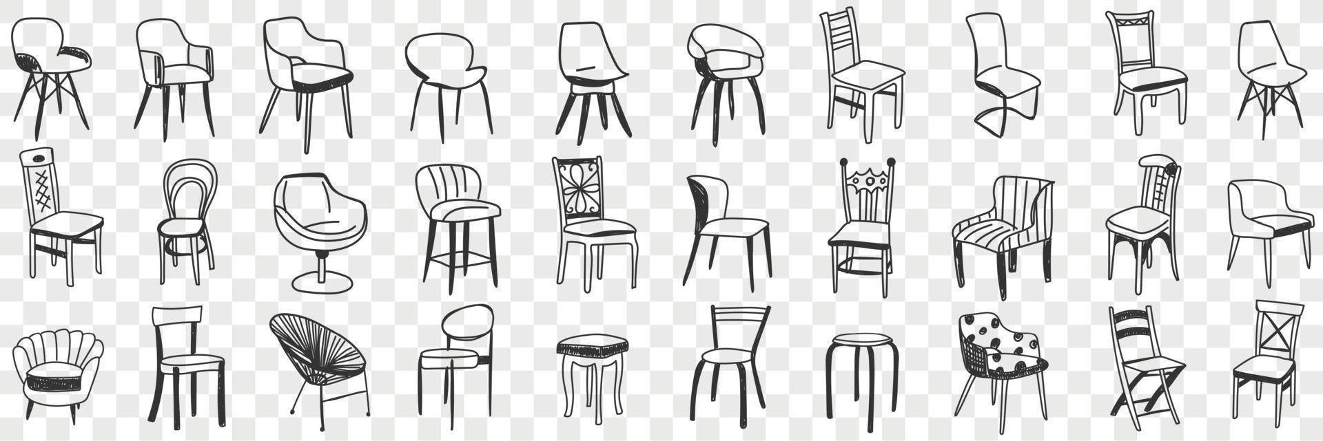Chairs and armchairs doodle set. Collection of hand drawn various chairs of different designs for rooms flats offices interiors isolated on transparent background vector