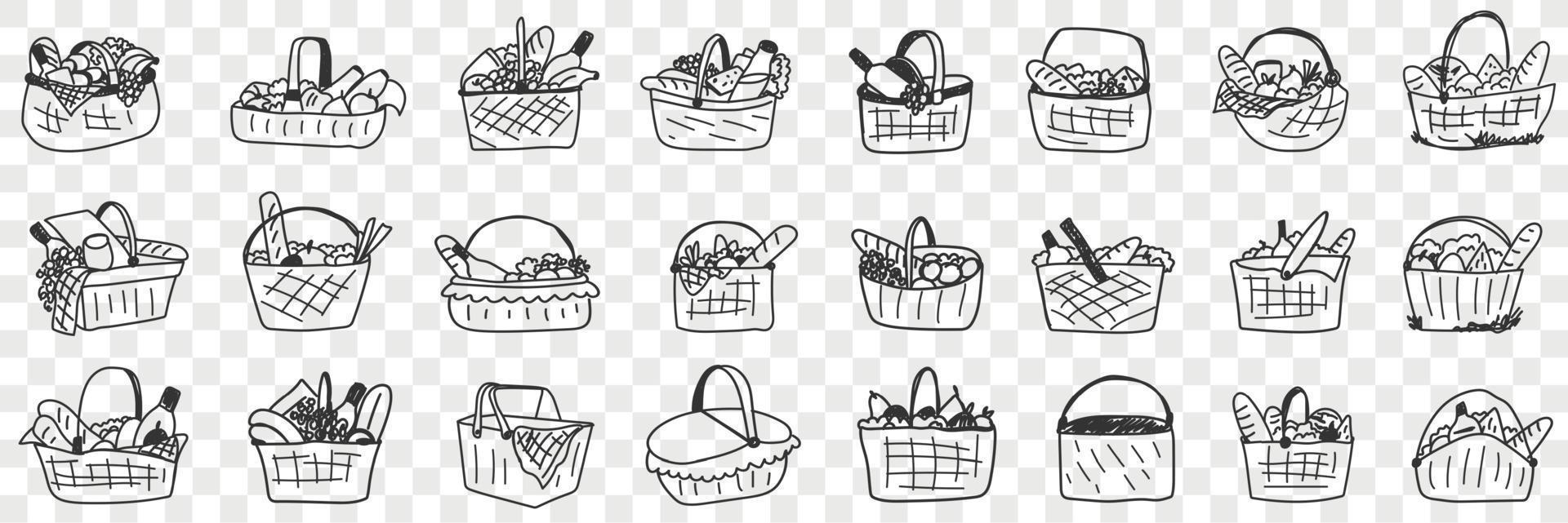 cesta con comida garabatear colocar. colección de mano dibujado varios cestas con ingredientes comida bebidas para picnics al aire libre aislado en transparente antecedentes vector