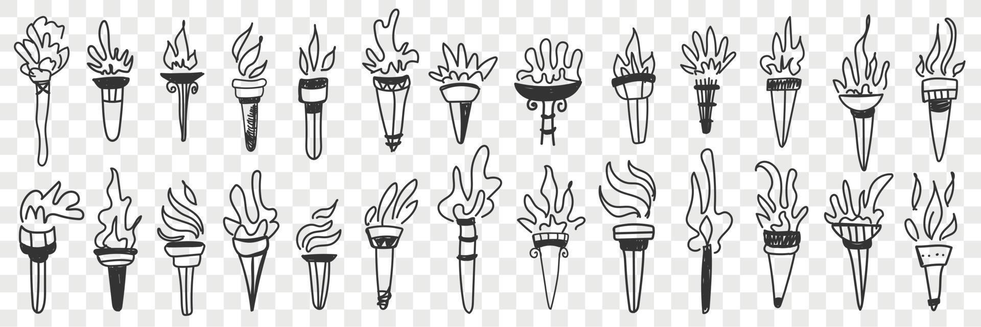 Torch with flame fire doodle set. Collection of hand drawn various torch with burning flame in row isolated on transparent background vector illustration