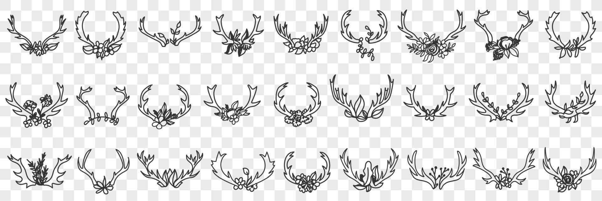 Deers horns as decorations doodle set. Collection of hand drawn various horns of wild deers animals for hanging in interiors as decorations isolated on transparent background vector