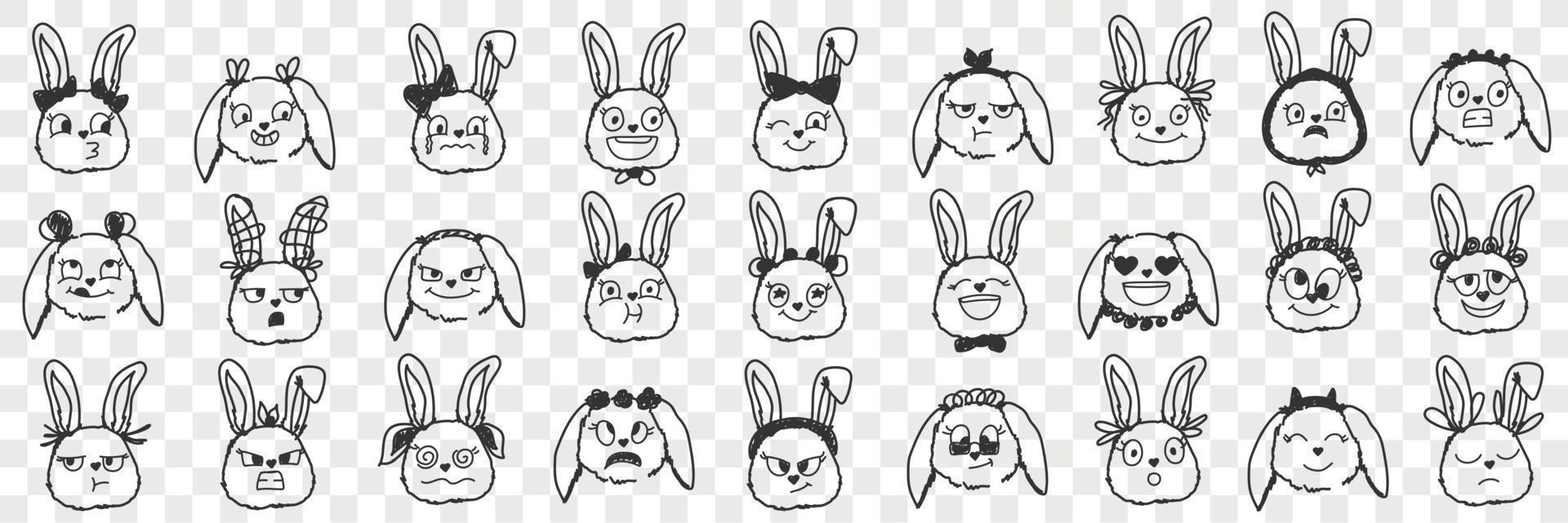 Rabbit faces expressions doodle set. Collection of hand drawn various positive and negative expressions of rabbit animals faces muzzles isolated on transparent background vector