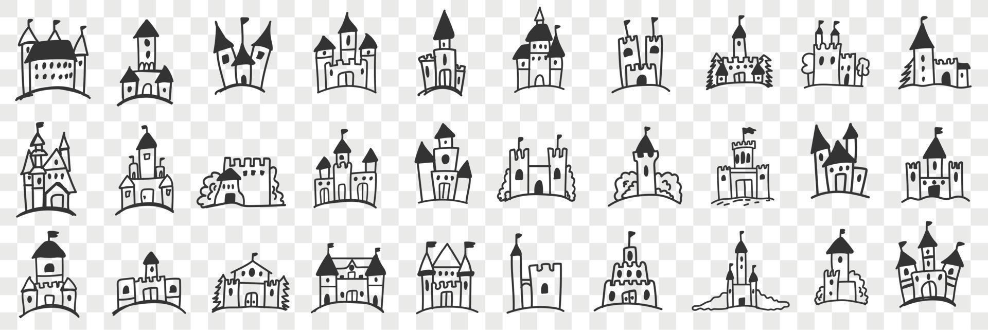Castles facades with towers doodle set. Collection of hand drawn various facades of castles with towers and window for royal family accommodation isolated on transparent background vector
