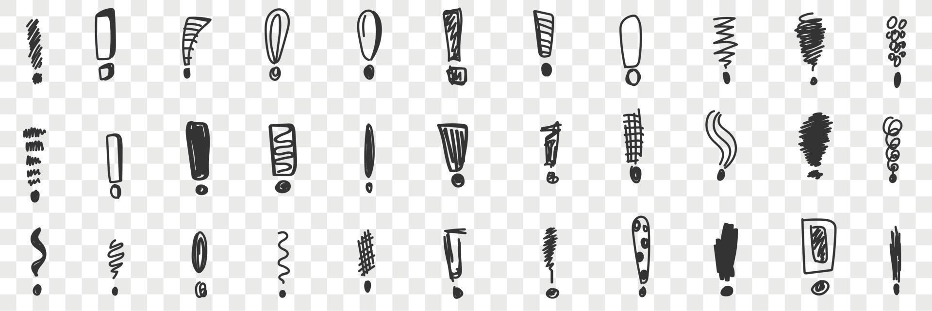 Exclamation mark symbols doodle set. Collection of hand drawn various shapes and styles of Exclamation mark symbols for attention attraction isolated on transparent background vector