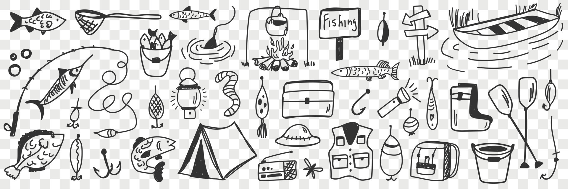 Fishing tools and accessories doodle set. Collection of hand drawn hooks  camping worm clothing bucket fishes bonfire lamp for fishing on nature  hobby leisure active rest on transparent background 21937546 Vector Art