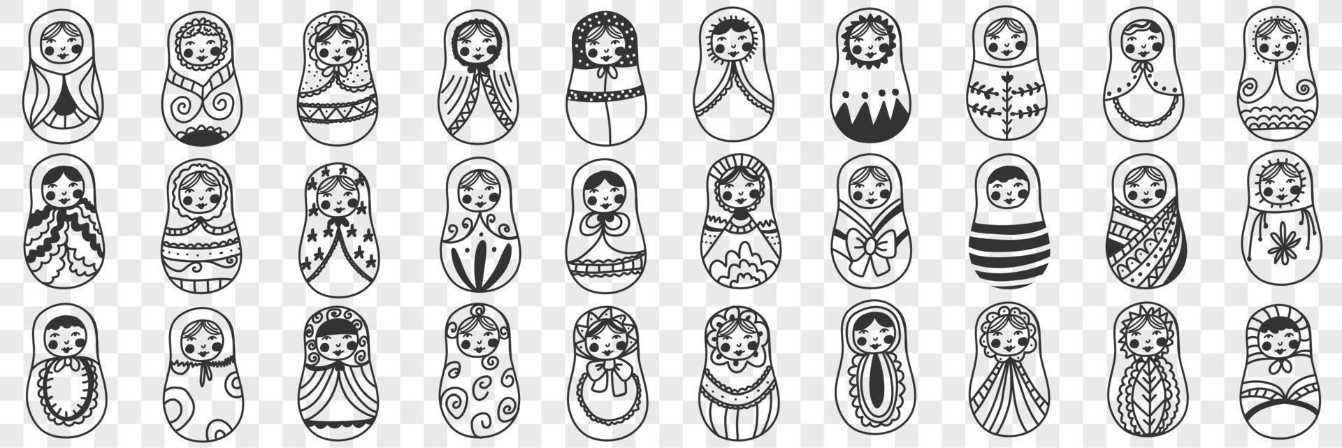 Russian doll matryoshka doodle set. Collection of hand drawn various Russian traditional national doll matryoshka decorated with patterns isolated on transparent background vector