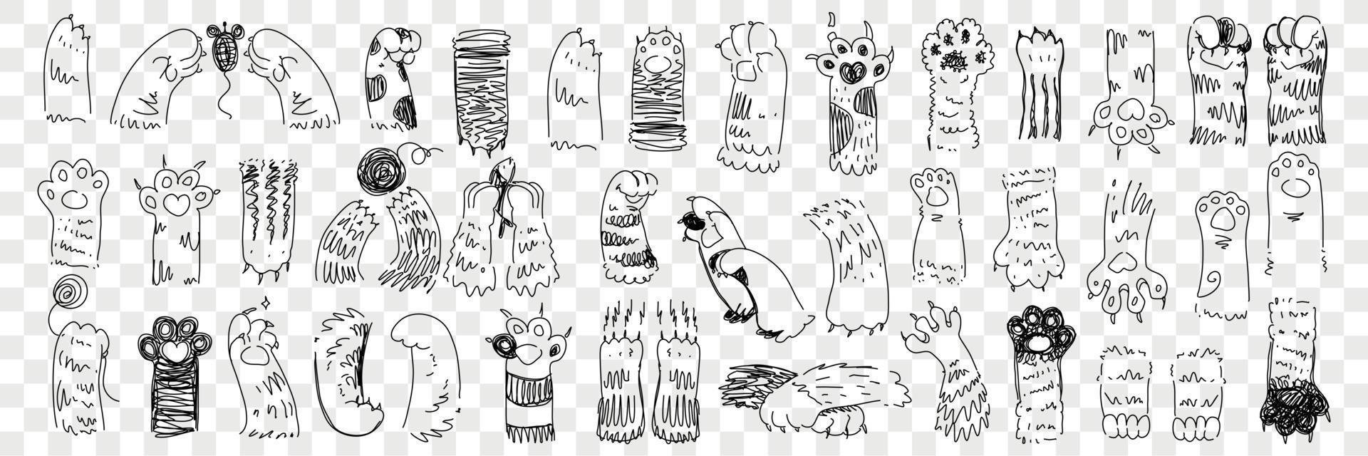 Animal paws with claws doodle set. Collection of hand drawn paws of cats and dogs of various shape with claws trying to catch mouse and playing isolated on transparent background in rows vector