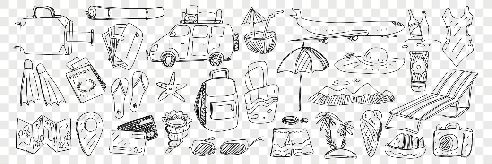 Travel and tourism attributes doodle set. Collection of hand drawn plane backpack suitcase beachwear cocktail sunglasses map umbrellas credit card camera for enjoying travels on transparent background vector