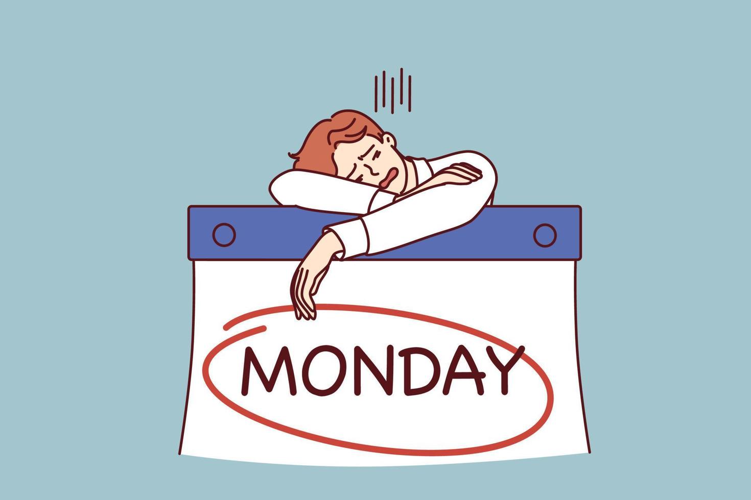 Man sleeps leaning on giant calendar with inscription Monday feeling