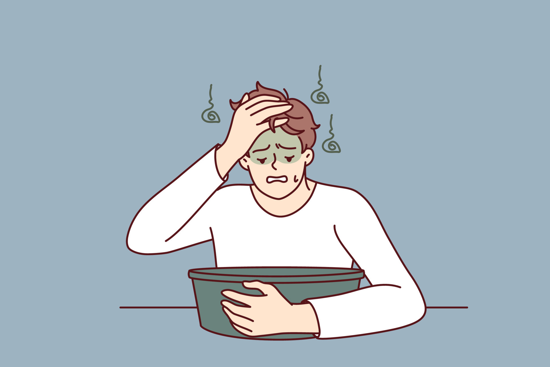 Young man feels nausea sitting near basin experiencing problem after