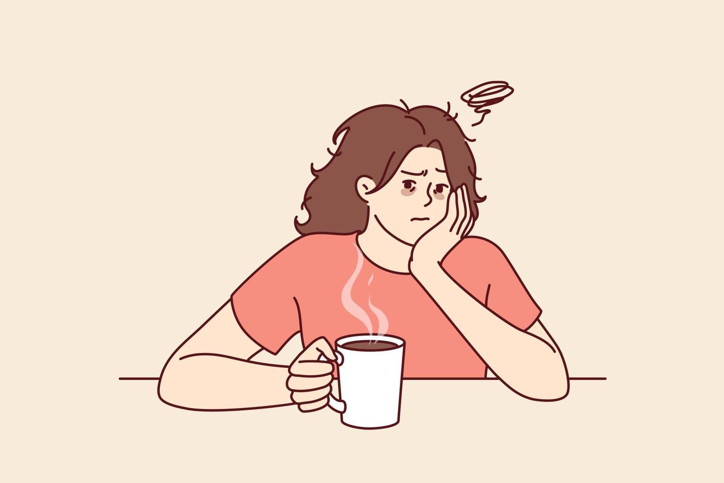 Tired woman with sad face drinks hot coffee and does not want to go to work due to lack of sleep. Upset girl is sitting at table with mug of coffee on Monday morning and is sad because weekend is over vector