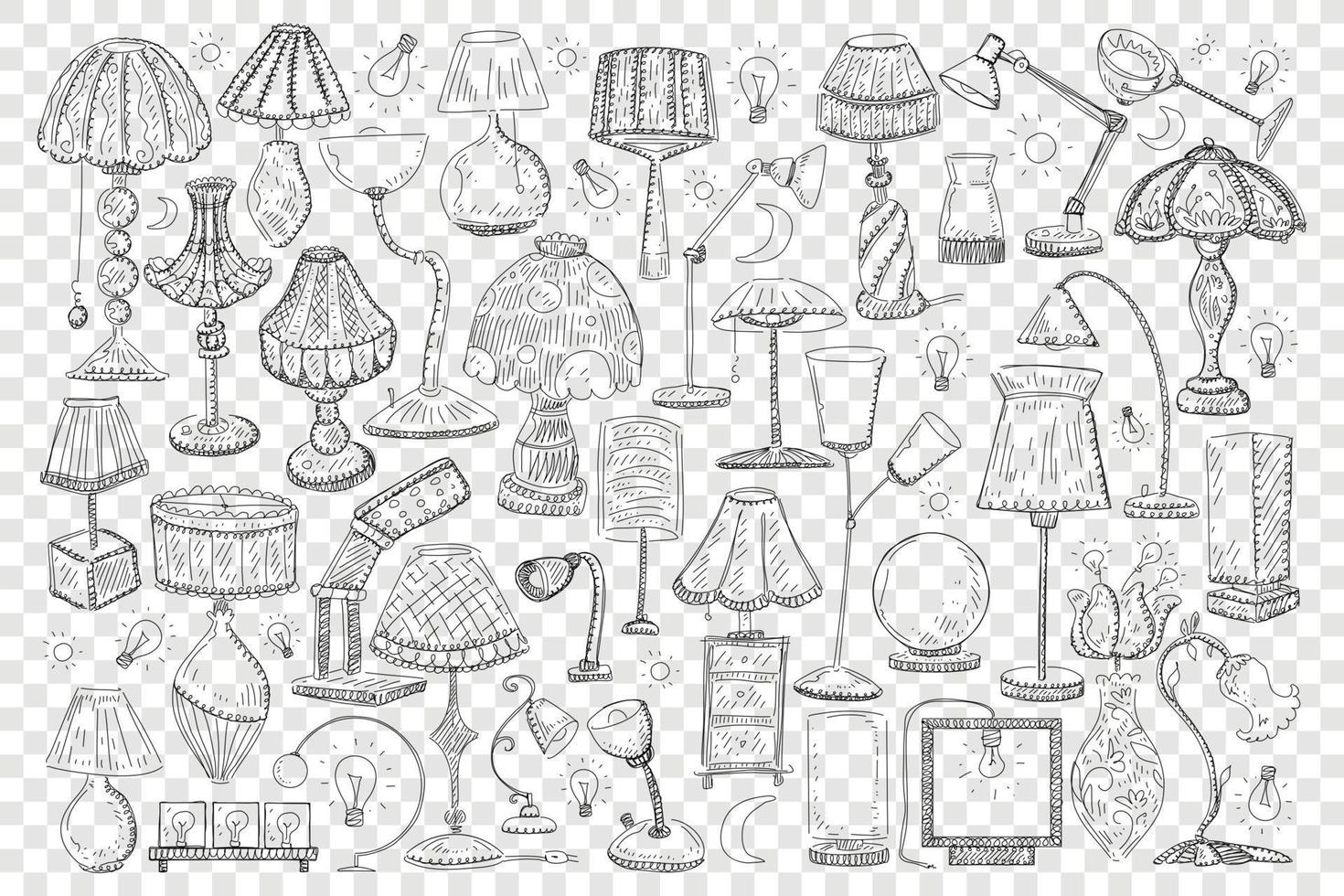Lamps and shades doodle set. Collection of hand drawn elegant shades and lamps for home decoration of various sizes and shapes isolated on transparent background vector