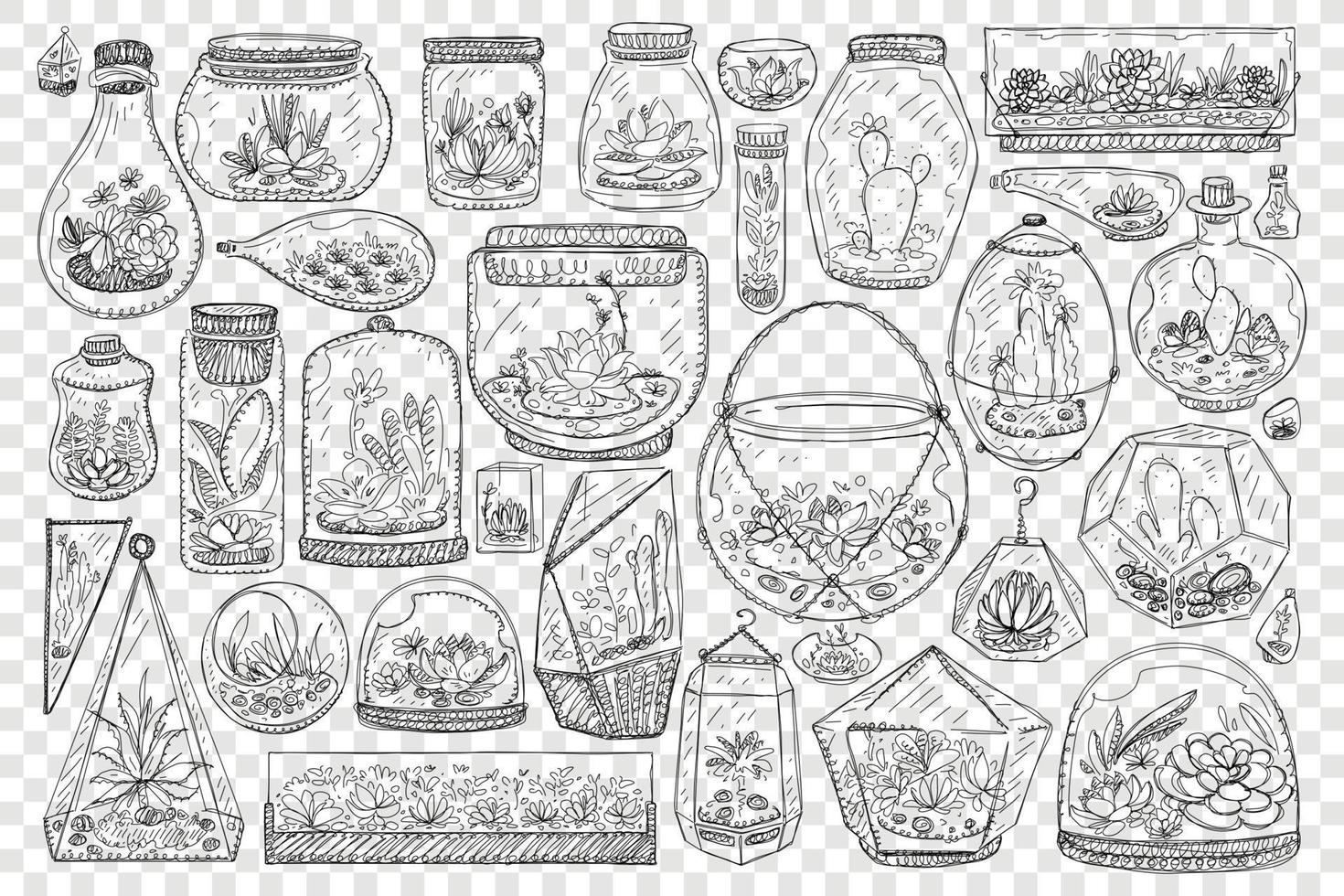 Jars for growing cactus doodle set. Collection of hand drawn glass jars and balls for keeping and growing plants cactus and japanese gardens isolated on transparent background vector