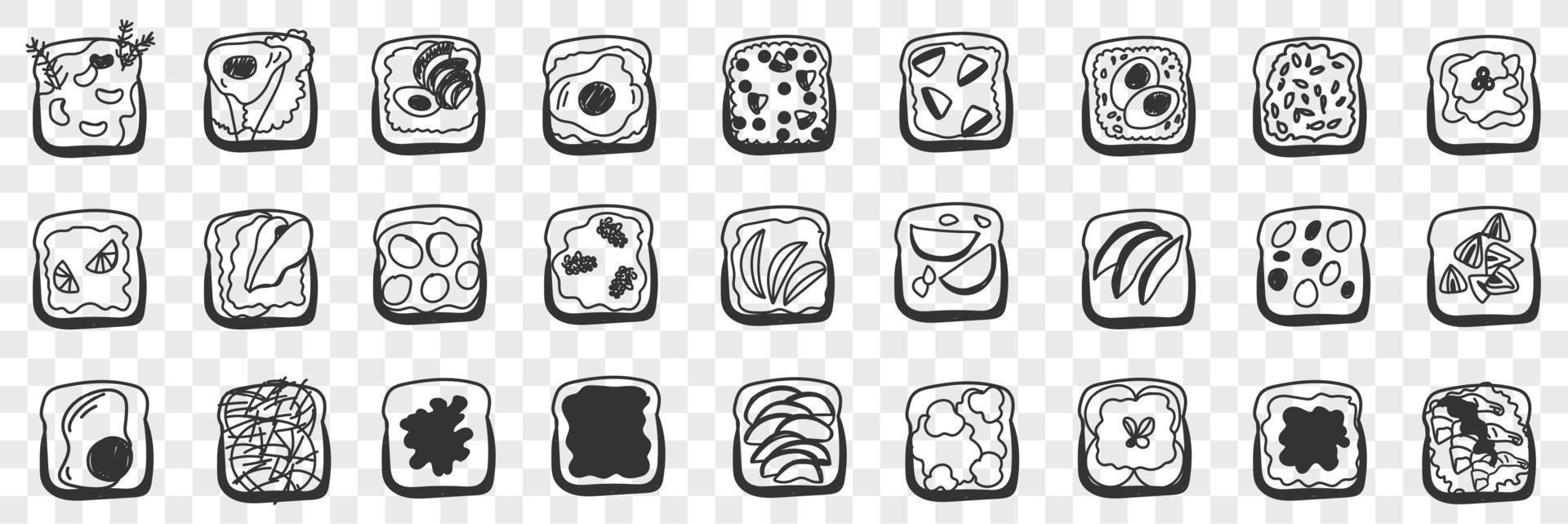 Tasty sandwiches for breakfast doodle set. Collection of hand drawn bread with butter jam meat cheese sandwiches for fast breakfast meal isolated on transparent background vector