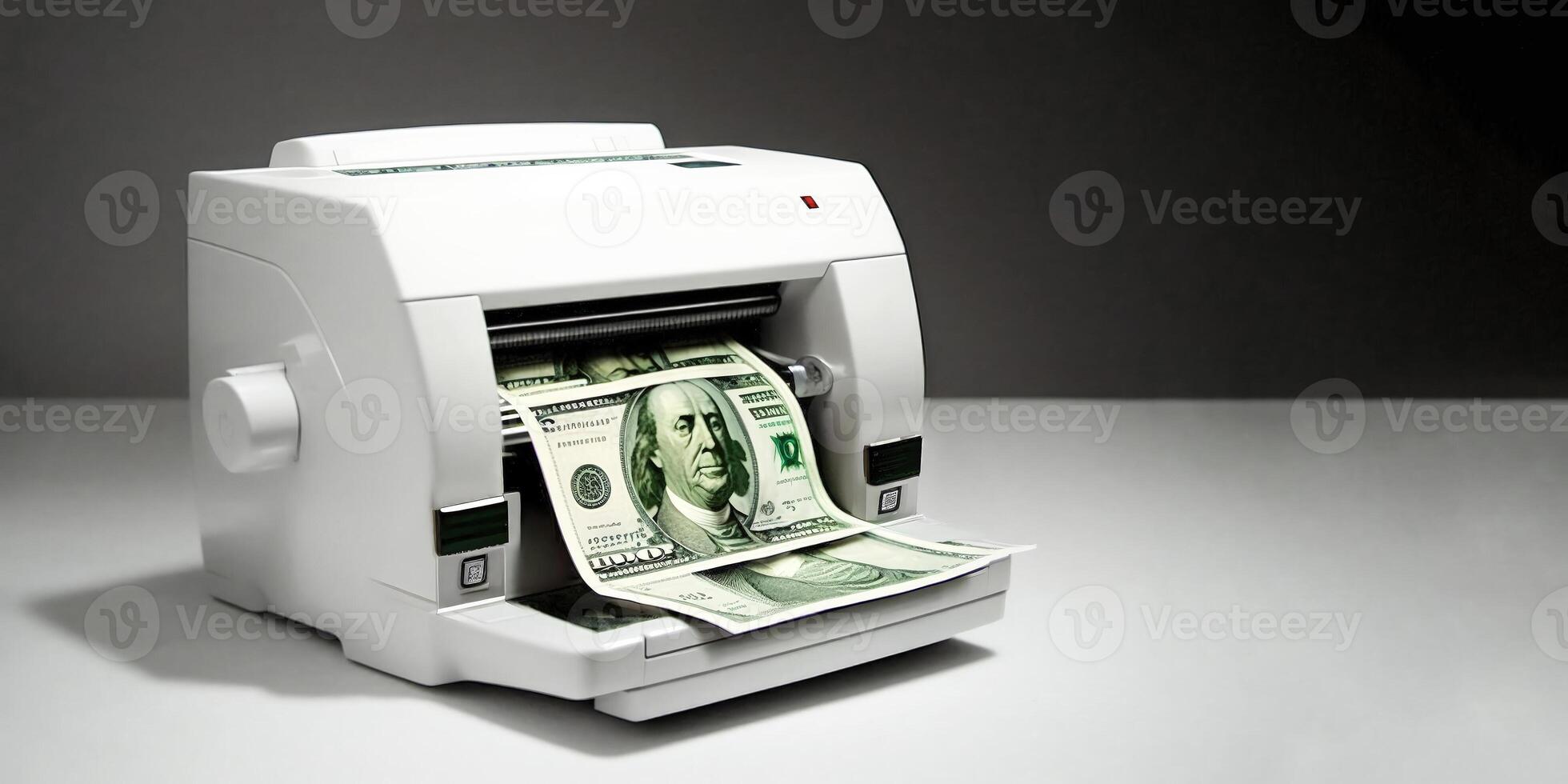 Money making machine printing fake counterfeit dollar bills. . photo