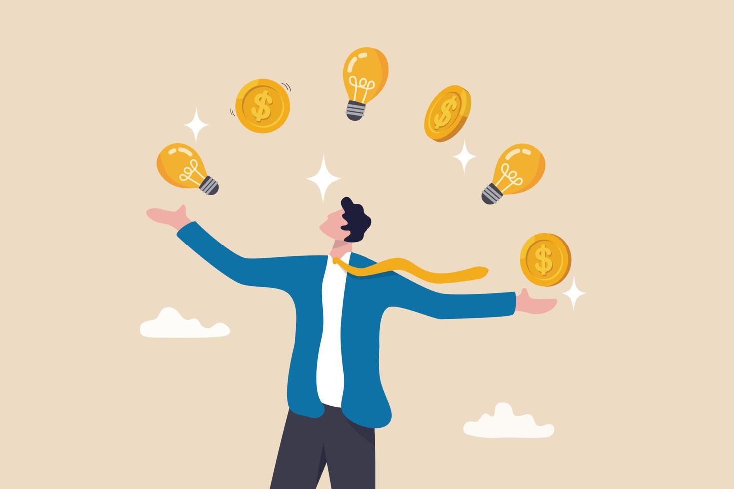 Idea to make money, entrepreneur to invent and make profit from new idea, investing strategy  or creativity to earn money concept, businessman entrepreneur juggling lightbulb and money dollar coin. vector