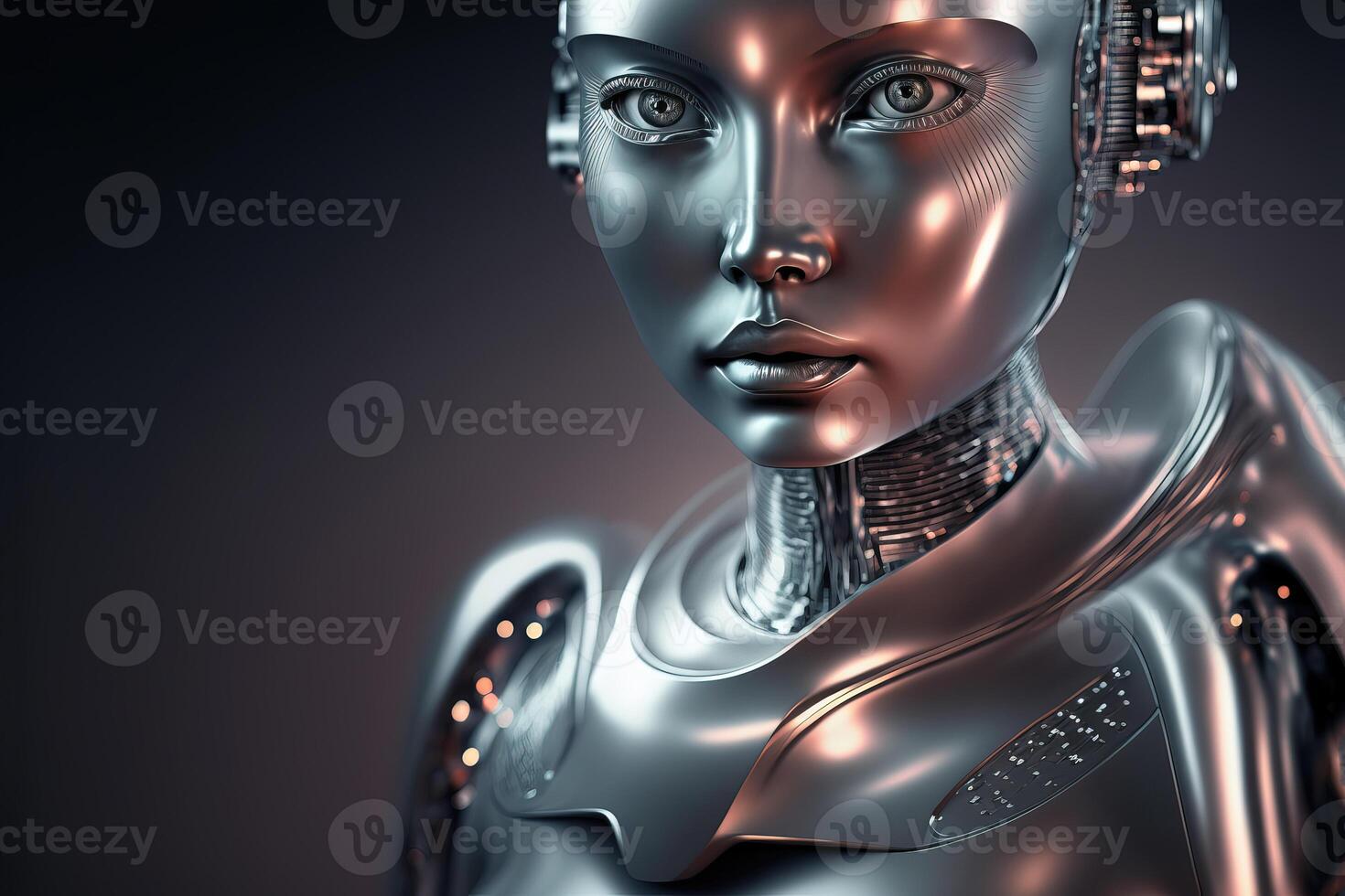 Portrait of a retrofuturistic female humanoid robot made of chrome. . photo