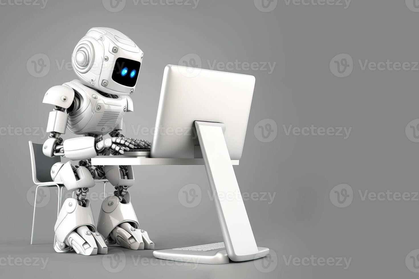 Smart white robot as AI chatbot sitting in front of computer typing. photo