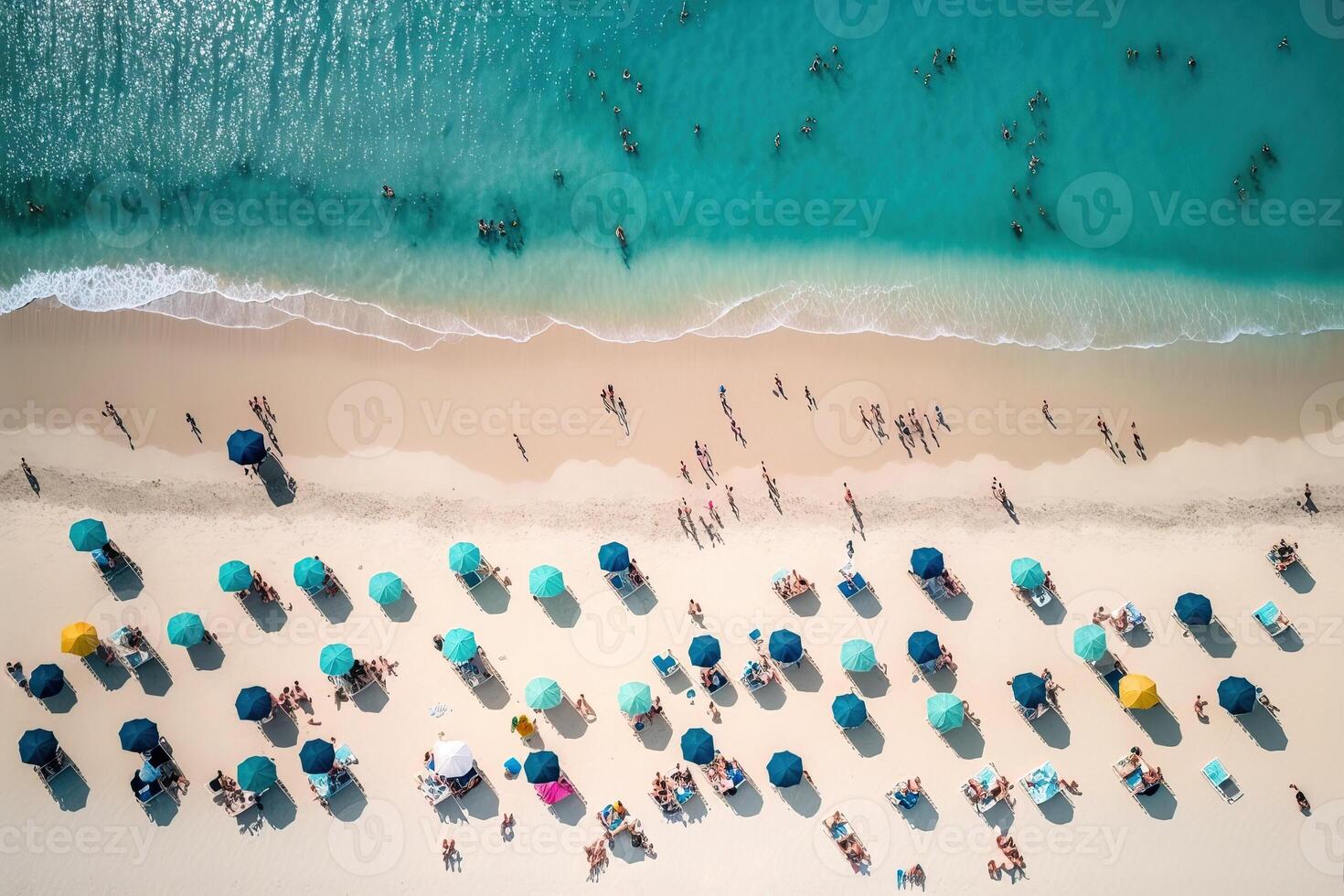 aéreo ver de concurrido blanco arena playa con personas broncearse y nadando durante verano día festivo. generativo ai. foto