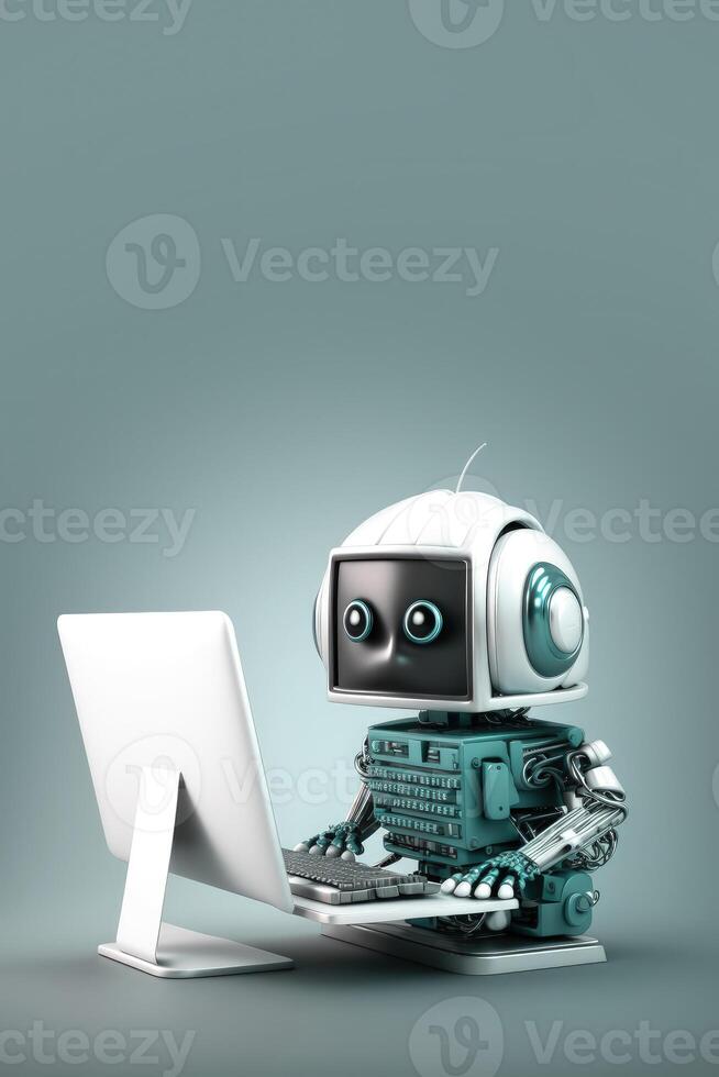 Cute robot as AI chatbot using computer pc. Vertical background with copy space. . photo