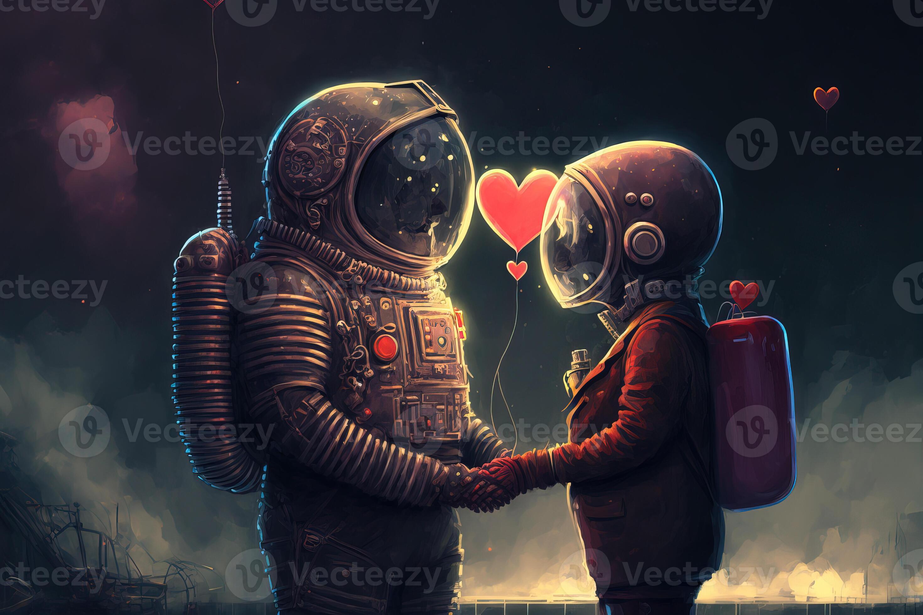 Astronaut couple in love on a Valentines Day date in space. Generative ...