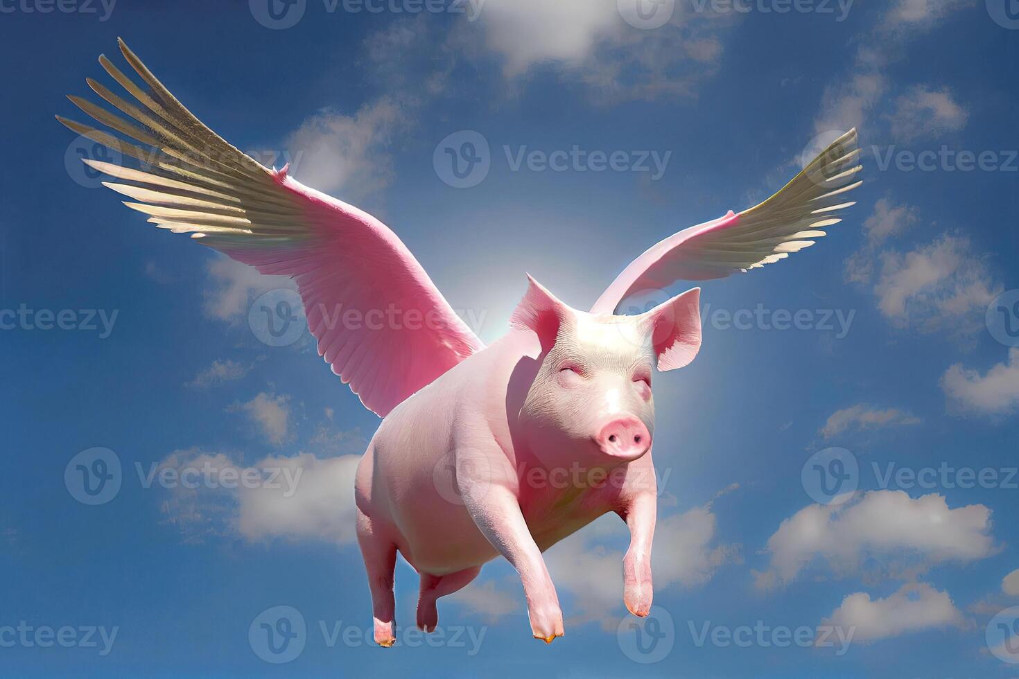 When pigs fly or pigs might fly idiom. Pig with wings. . photo