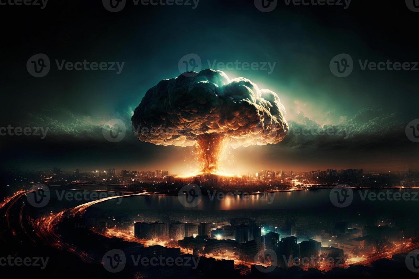 Mushroom cloud in night sky over city after atomic bomb detonation during nuclear war. . photo