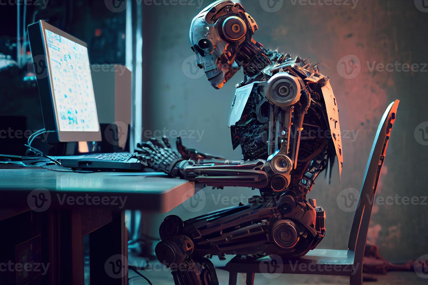 AI chatbot robot sitting at desk typing on computer keybord - photo