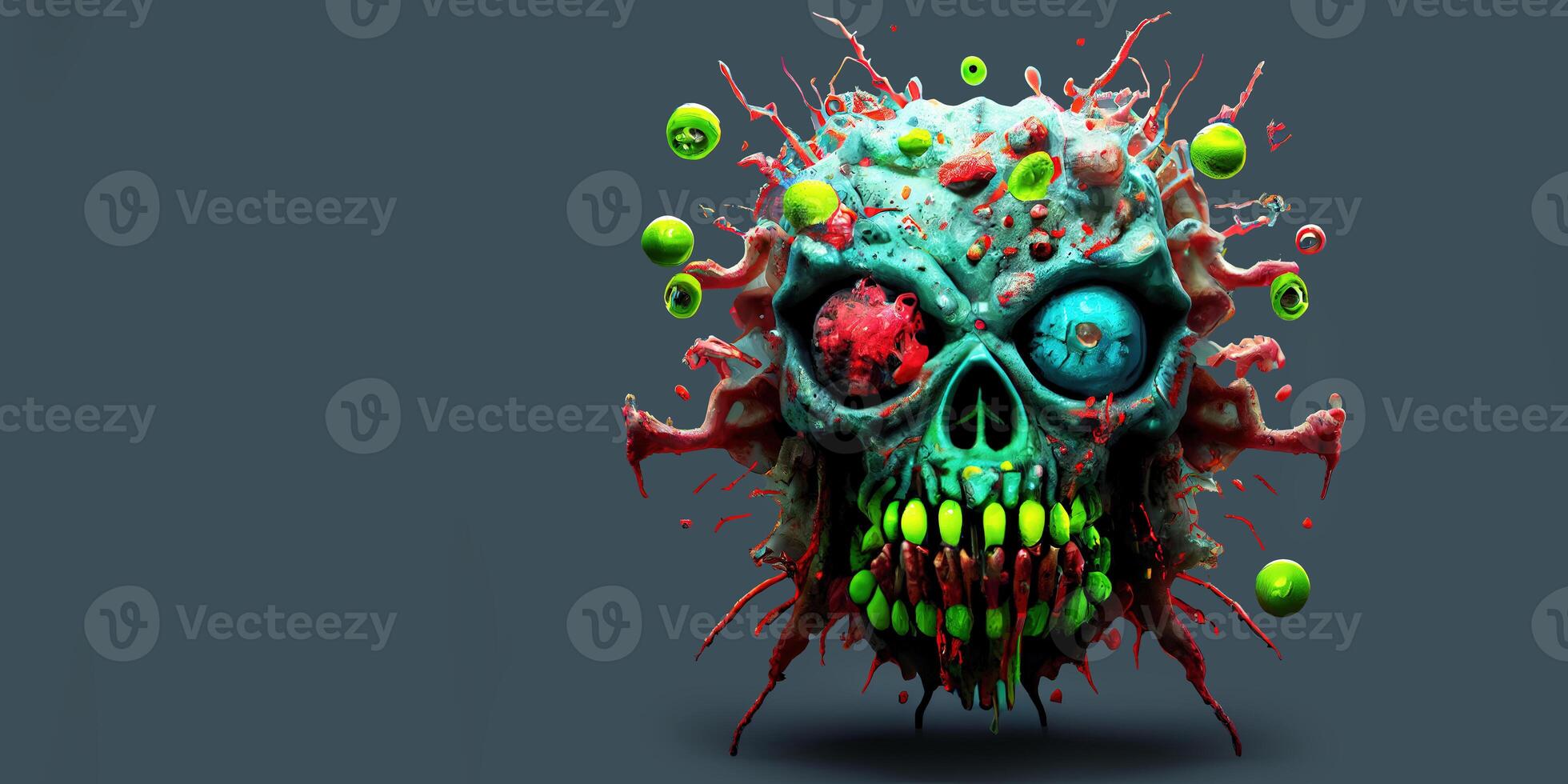 Scary zombie virus mutation or superbug with skull face. . photo