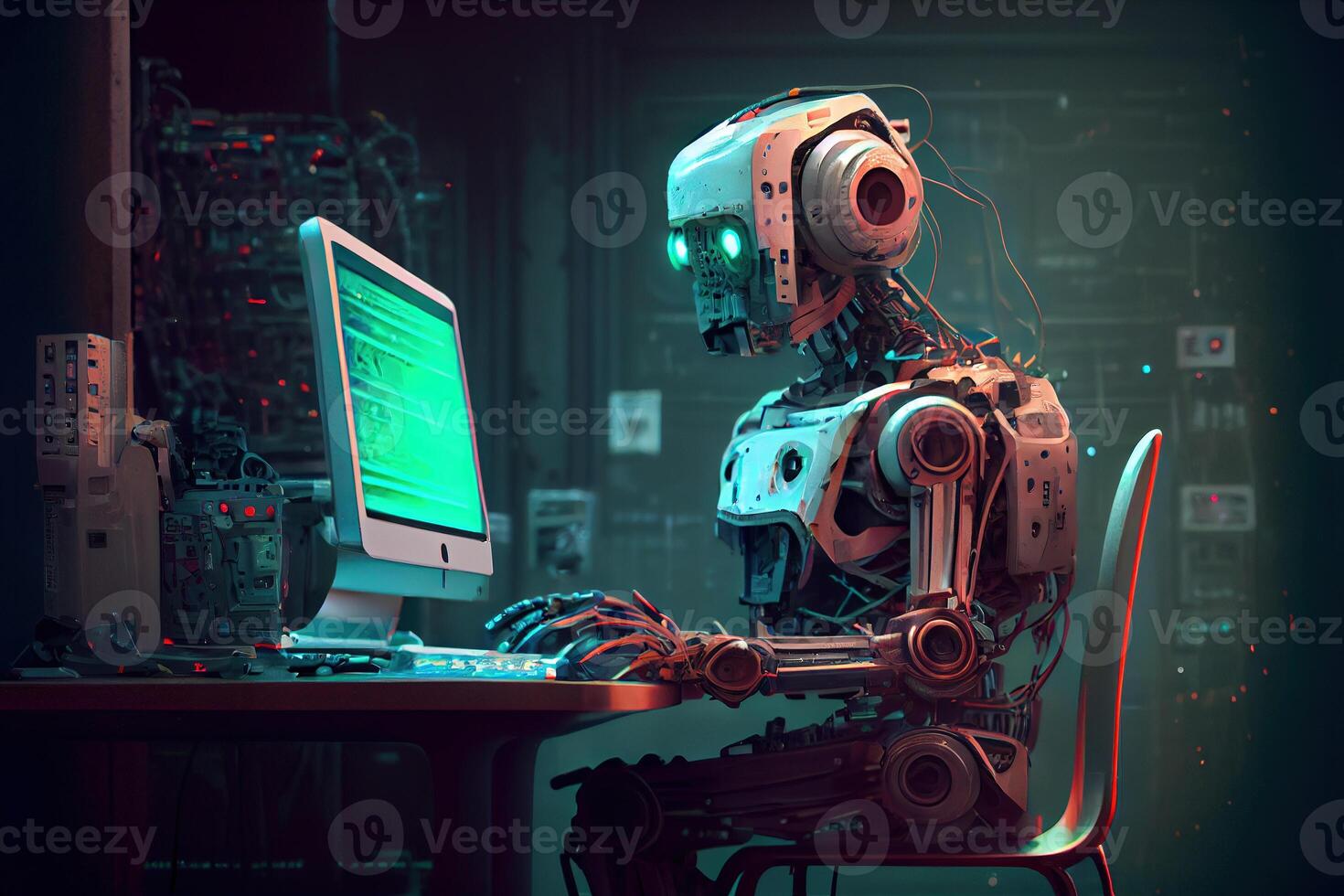 AI chatbot robot sitting at desk using computer as artificial intelligence and machine learning concept - photo