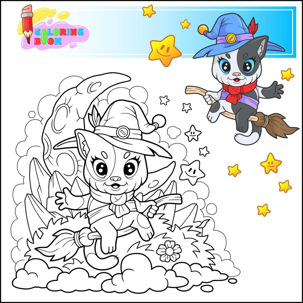 cute cartoon cat witch coloring book vector