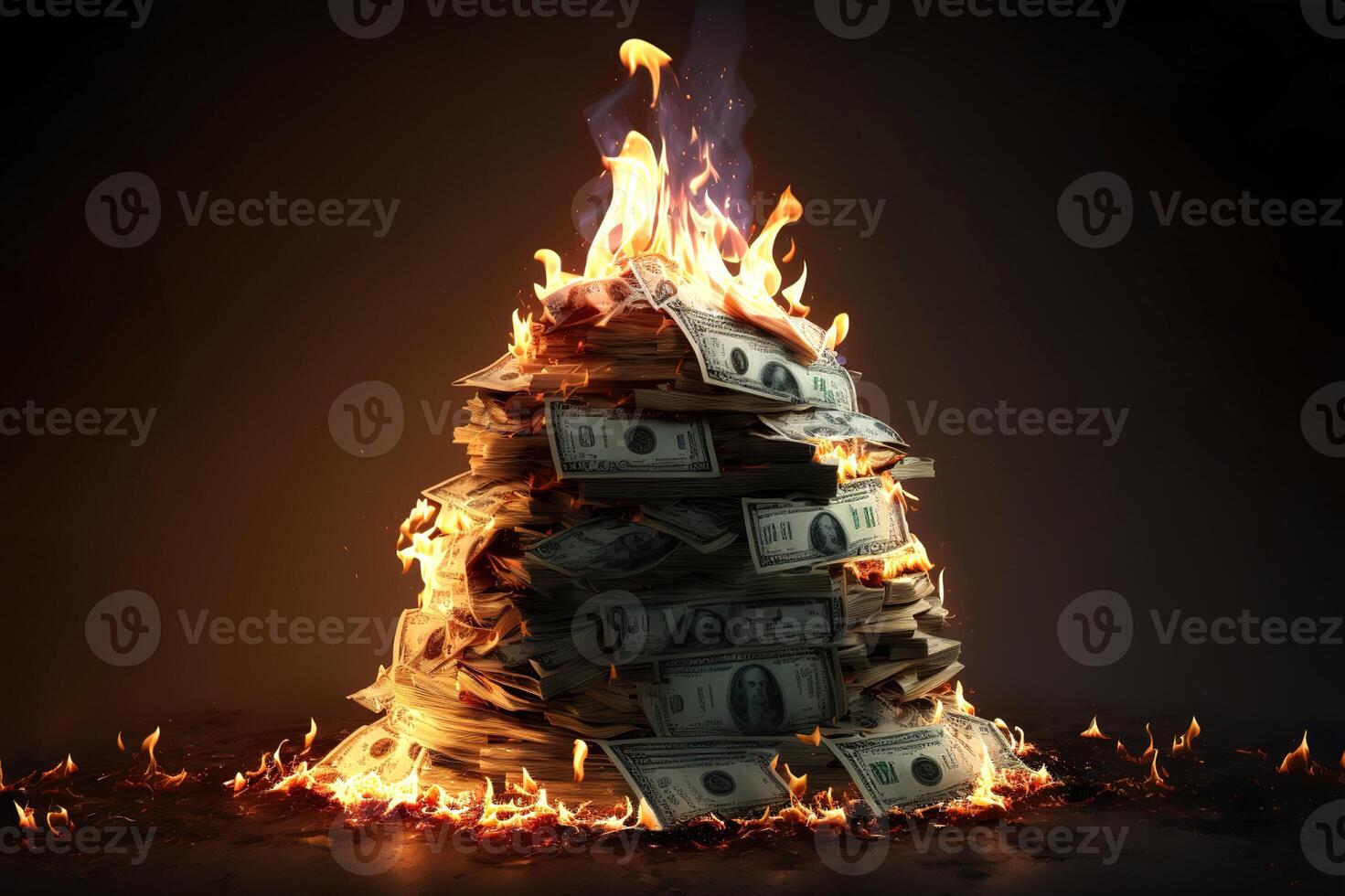 Inflation or burning money concept with pile of dollar bills on fire. . photo