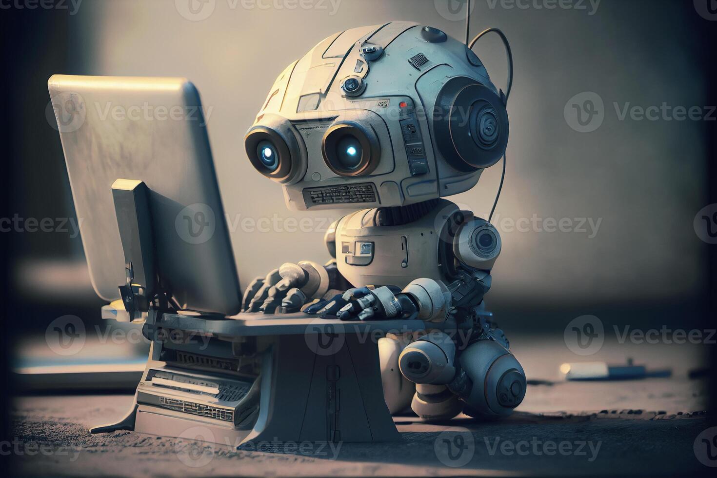 cute retro robot as AI chatbot typing on computer - photo