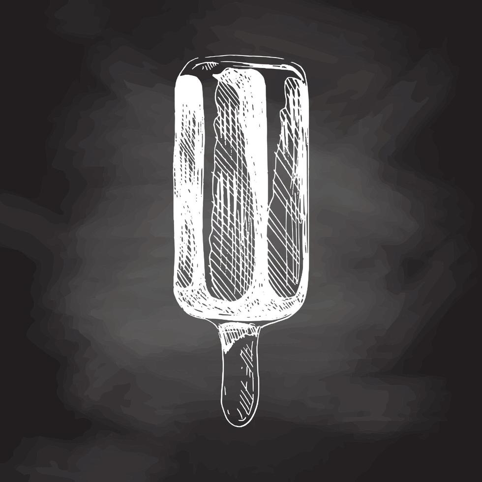 un dibujado a mano bosquejo de hielo crema, paleta de hielo en un palo en chocolate aislado en pizarra antecedentes. Clásico ilustración. elemento para el diseño de etiquetas, embalaje y postales vector