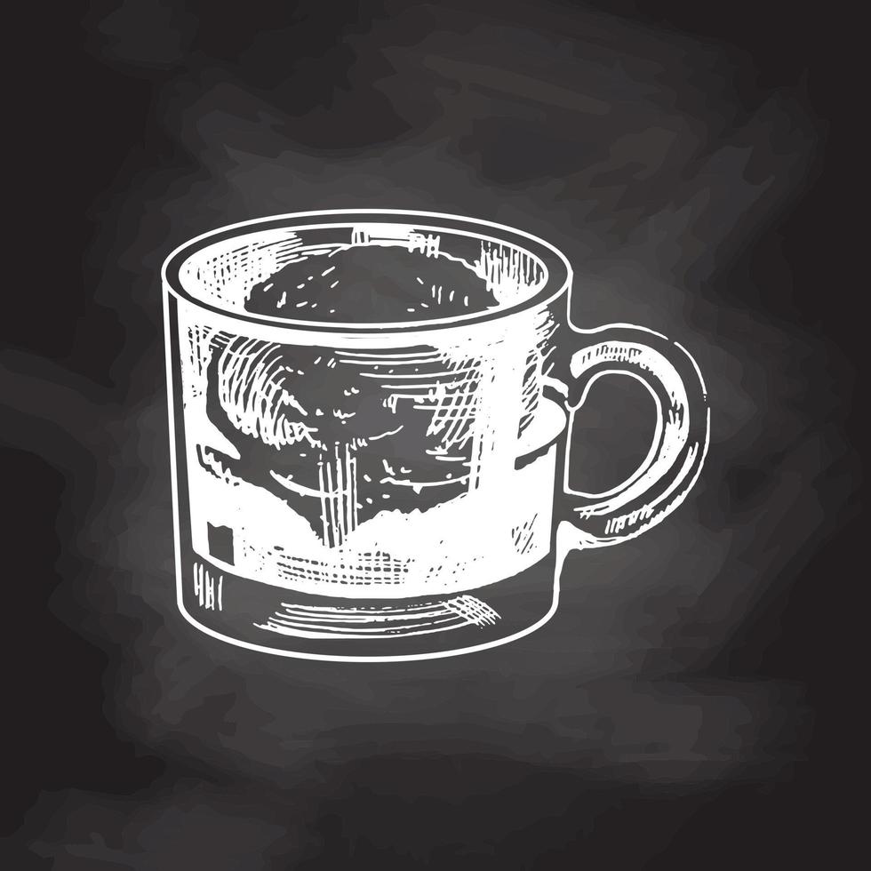 A hand-drawn sketch of affogato coffee with ice cream on a glass cup isolated on chalkboard background. Vintage illustration, doodle. Element for the design of labels, packaging and postcards. vector