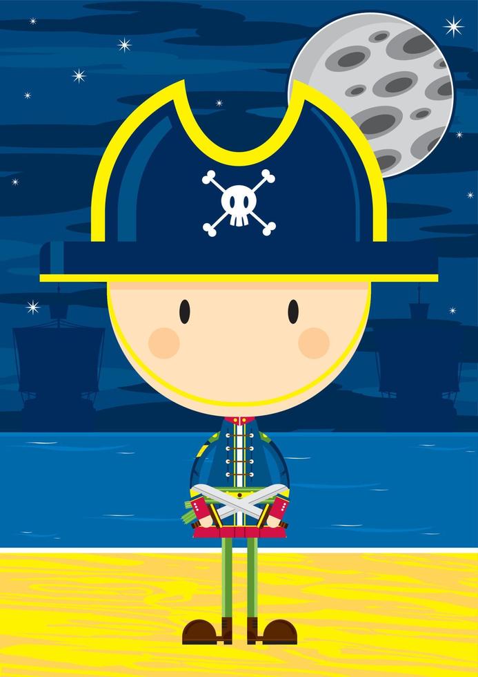 Cute Cartoon Swashbuckling Pirate Captain with Swords on the Beach by Moonlight vector