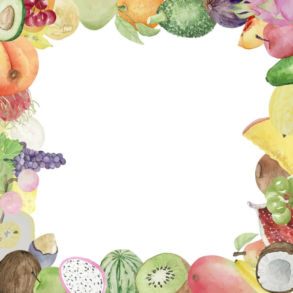 fondo de acuarela con varias frutas sobre fondo blanco, vista superior, diseño plano. concepto de alimentación saludable, antecedentes alimentarios. marco de frutas vector