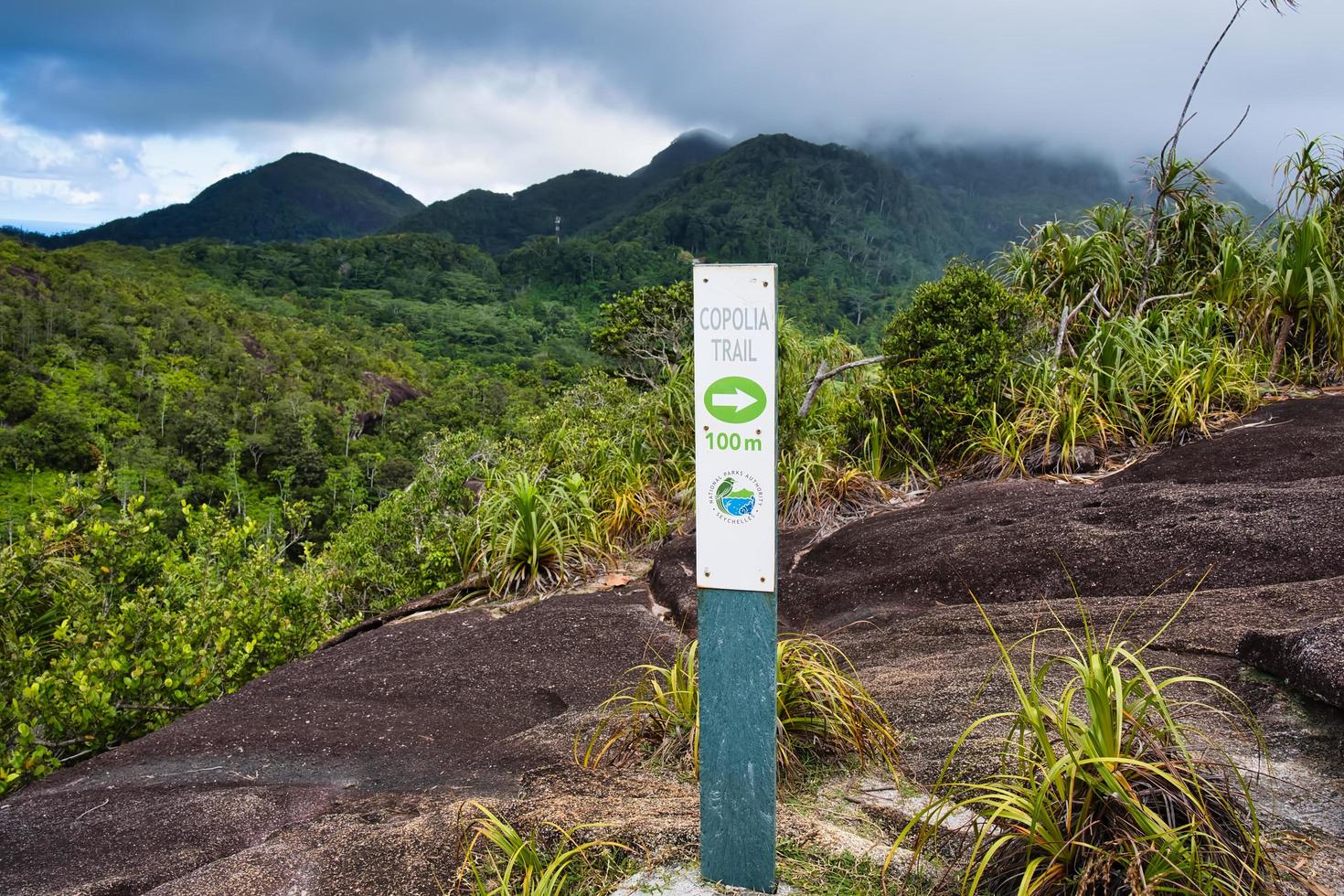 Mahe Seychelles 23.03.2023 copolia trail, view of the peak of morn blanc mountain and 100M signboard, Mahe Seychelles photo