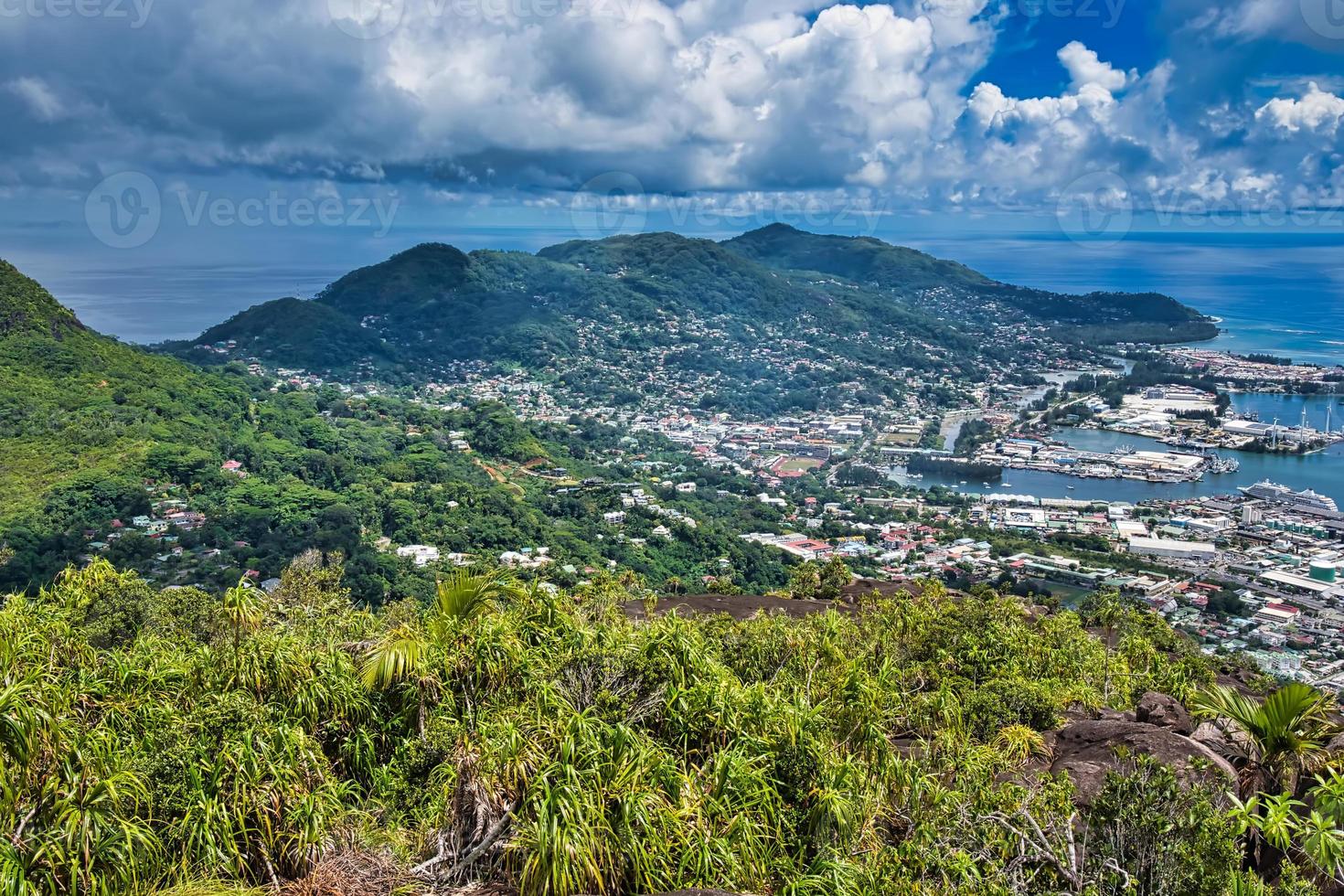 Copolia trail view of the international port and domestic port of Seychelles, cruise ship Silver shadow docked at the port photo