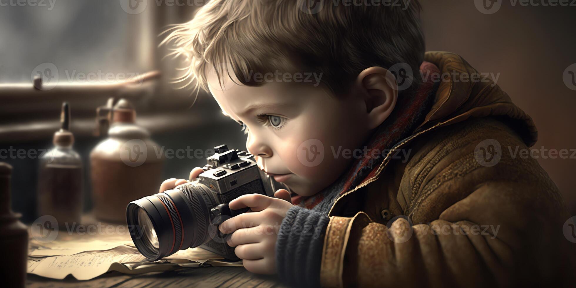 Little Boy Observing and Documenting with DSLR Camera, photo