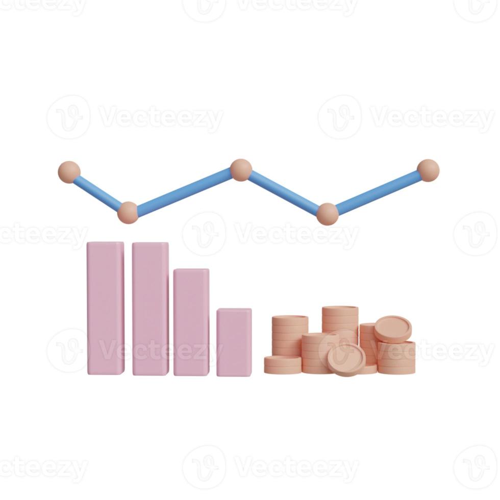 Coins and bars graph concept showing finance, investment, business, stock rise and fall. 3D rendering photo